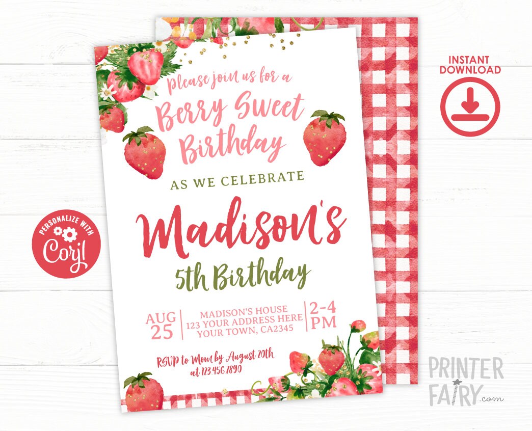 Strawberry Birthday Invitation, Berry Sweet Floral Party (Digital Download)