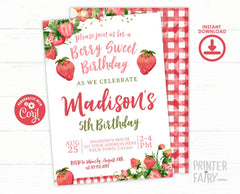 Strawberry Birthday Invitation, Berry Sweet Floral Party (Digital Download)