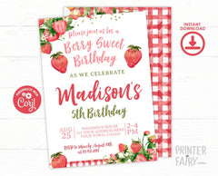 Strawberry Birthday Invitation, Berry Sweet Floral Party (Digital Download)
