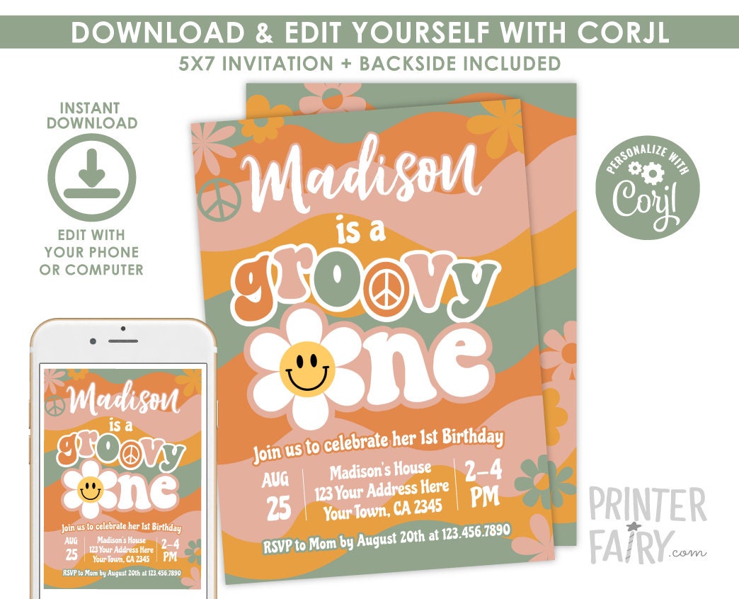 Groovy One Birthday Invitation, Retro Hippie First Party Invite (Editable Download)