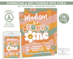 Groovy One Birthday Invitation, Retro Hippie First Party Invite (Editable Download)