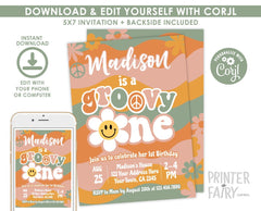 Groovy One Birthday Invitation, Retro Hippie First Party Invite (Editable Download)