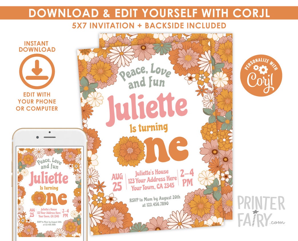 Groovy One Birthday Invitation, Retro Floral (INSTANT DOWNLOAD)