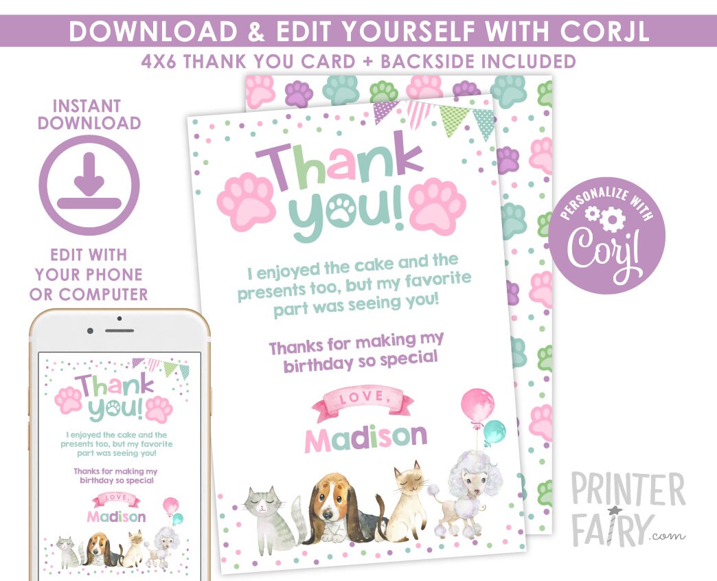 Puppies Kitties Thank You Card Editable Template (Digital Download)