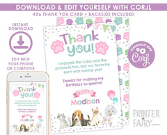 Puppies Kitties Thank You Card Editable Template (Digital Download)