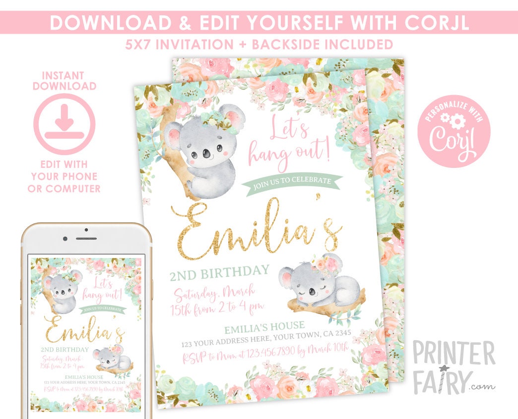 Floral Koala Girl Birthday Invitation, Editable Template (Instant Download)