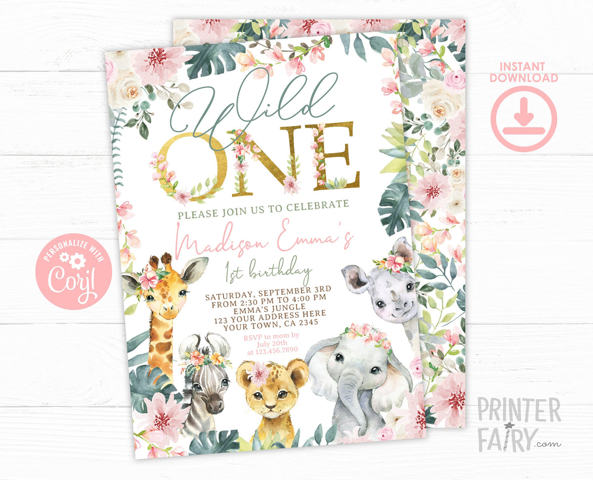 Wild One Floral Safari Birthday Invitation, Jungle Animals (INSTANT DOWNLOAD)