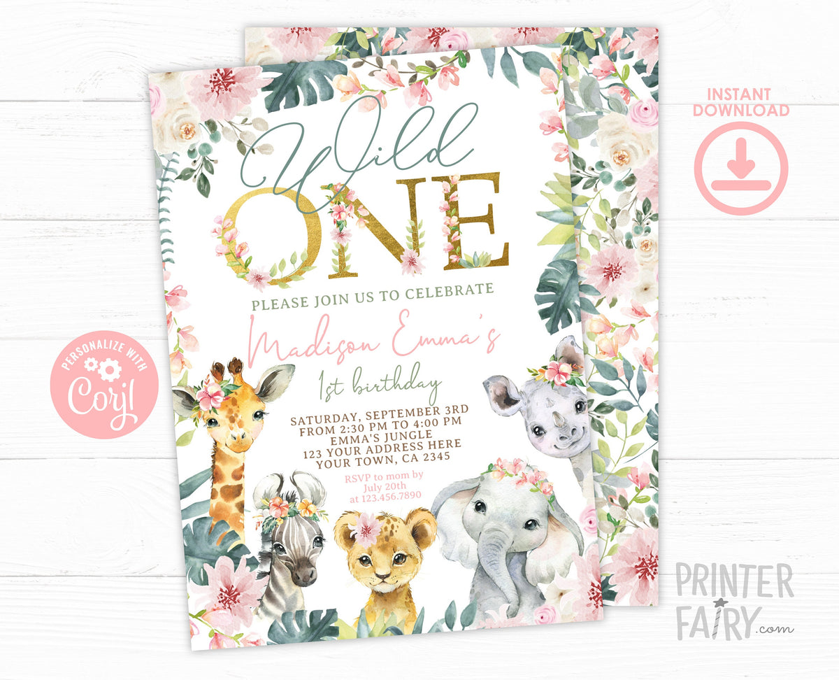 Wild One Floral Safari Birthday Invitation, Jungle Animals (INSTANT DOWNLOAD)