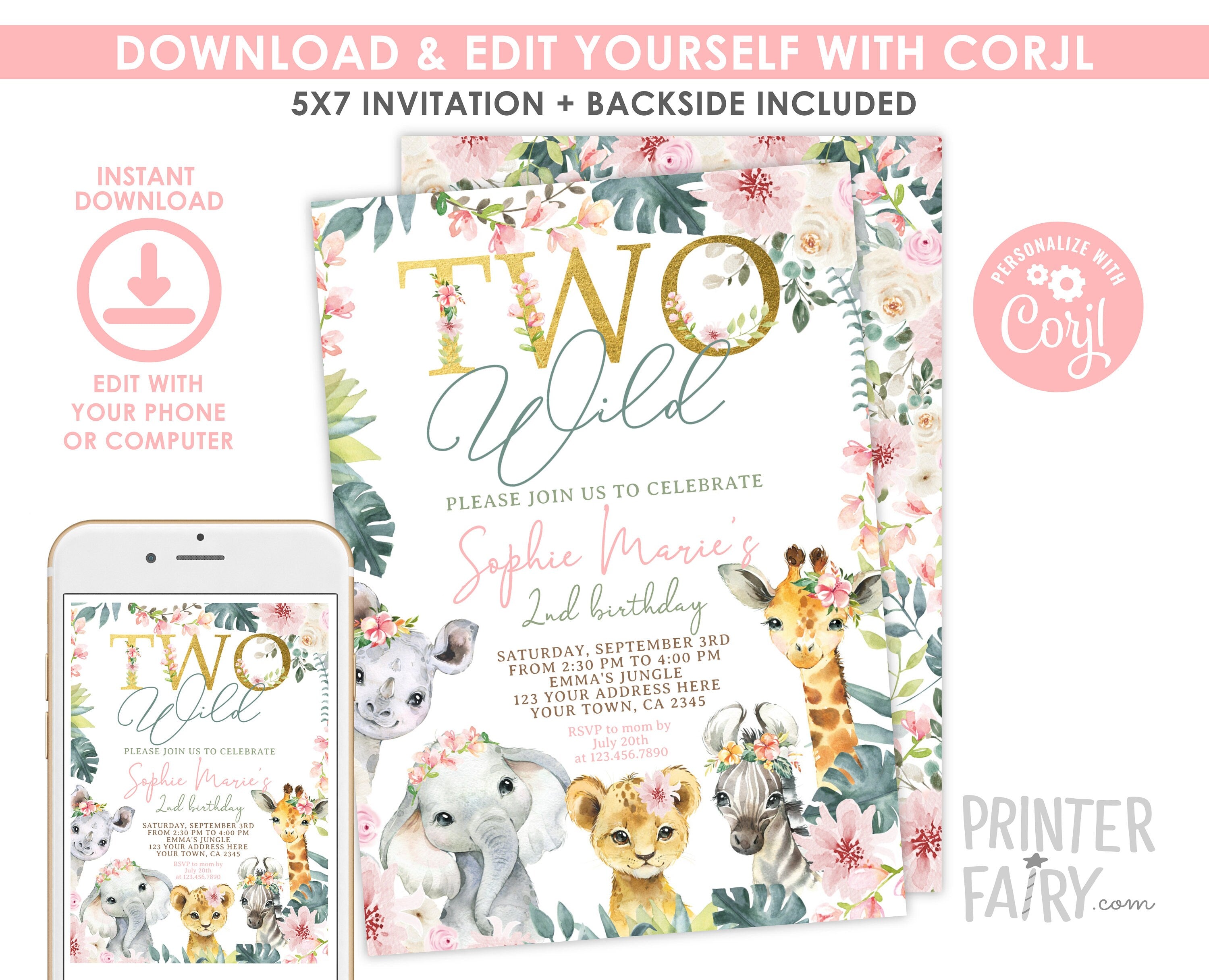 Two Wild Safari Birthday Invitation, Floral Jungle Animals (Digital Download)