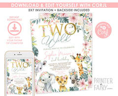 Two Wild Safari Birthday Invitation, Floral Jungle Animals (Digital Download)