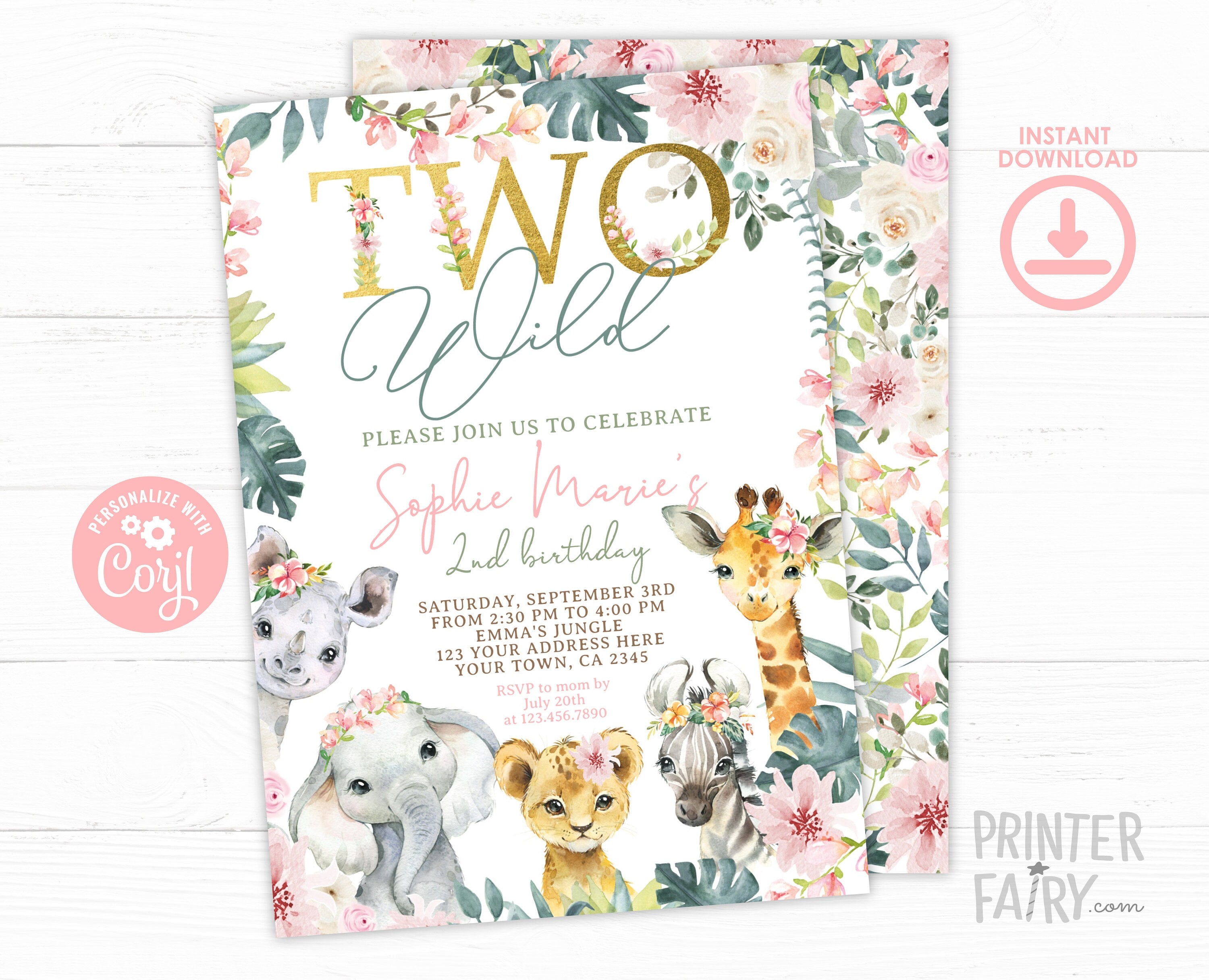 Two Wild Safari Birthday Invitation, Floral Jungle Animals (Digital Download)