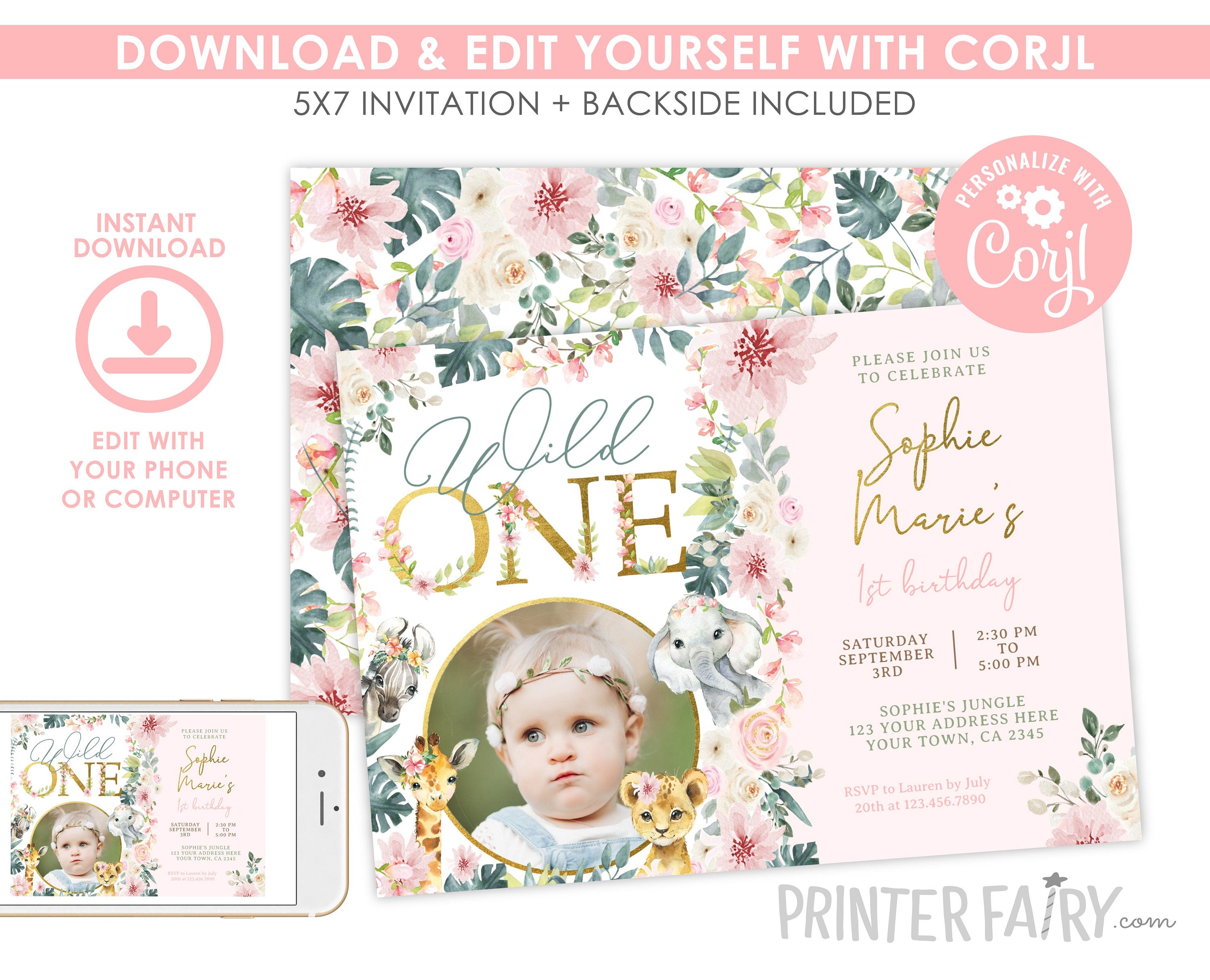 Wild One Safari Birthday Invitation with Photo (INSTANT DOWNLOAD)
