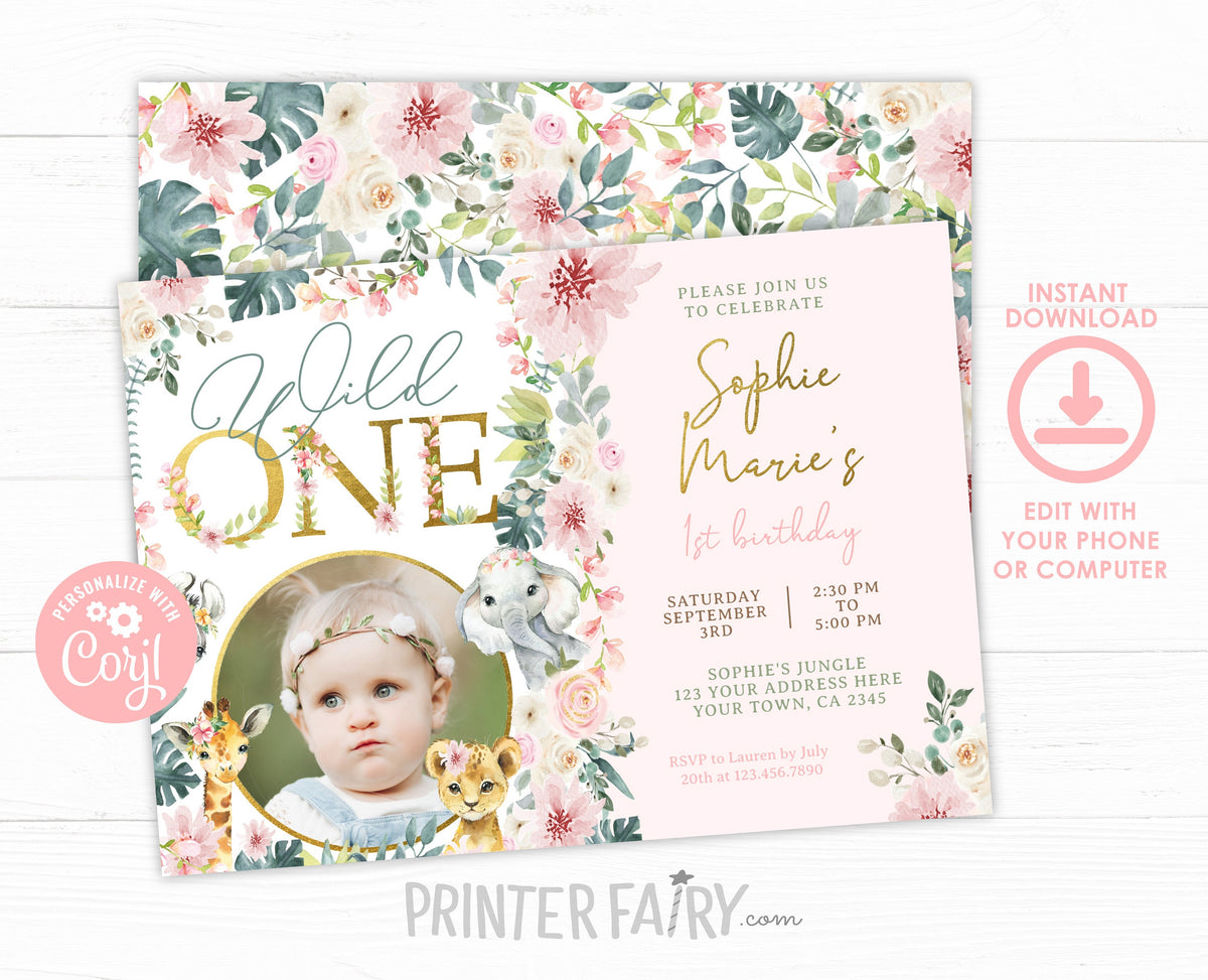 Wild One Safari Birthday Invitation with Photo (INSTANT DOWNLOAD)