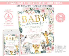 Jungle Baby Shower Invitation, Editable Tropical Safari Animals (Digital Download)