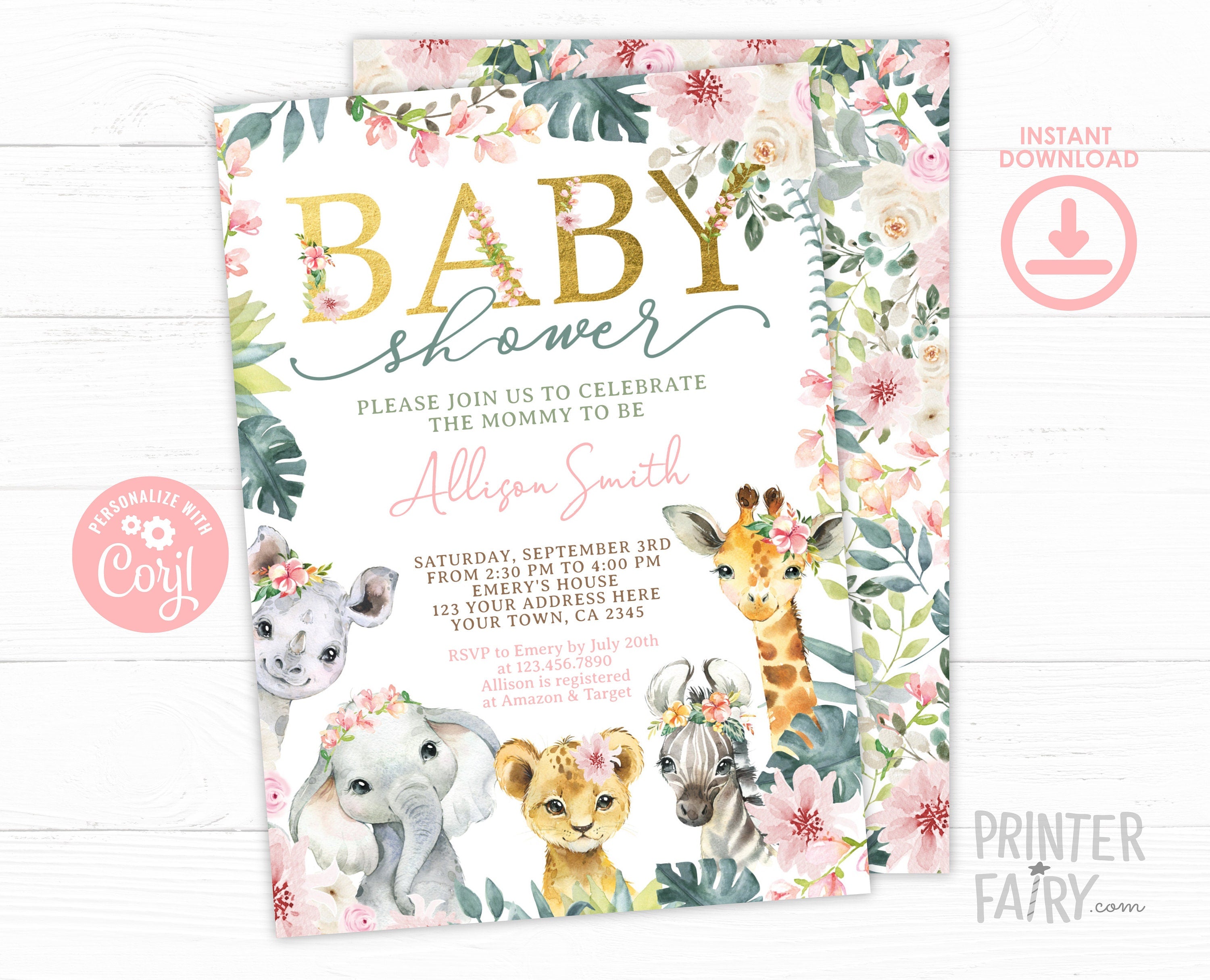 Jungle Baby Shower Invitation, Editable Tropical Safari Animals (Digital Download)