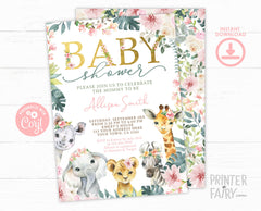 Jungle Baby Shower Invitation, Editable Tropical Safari Animals (Digital Download)