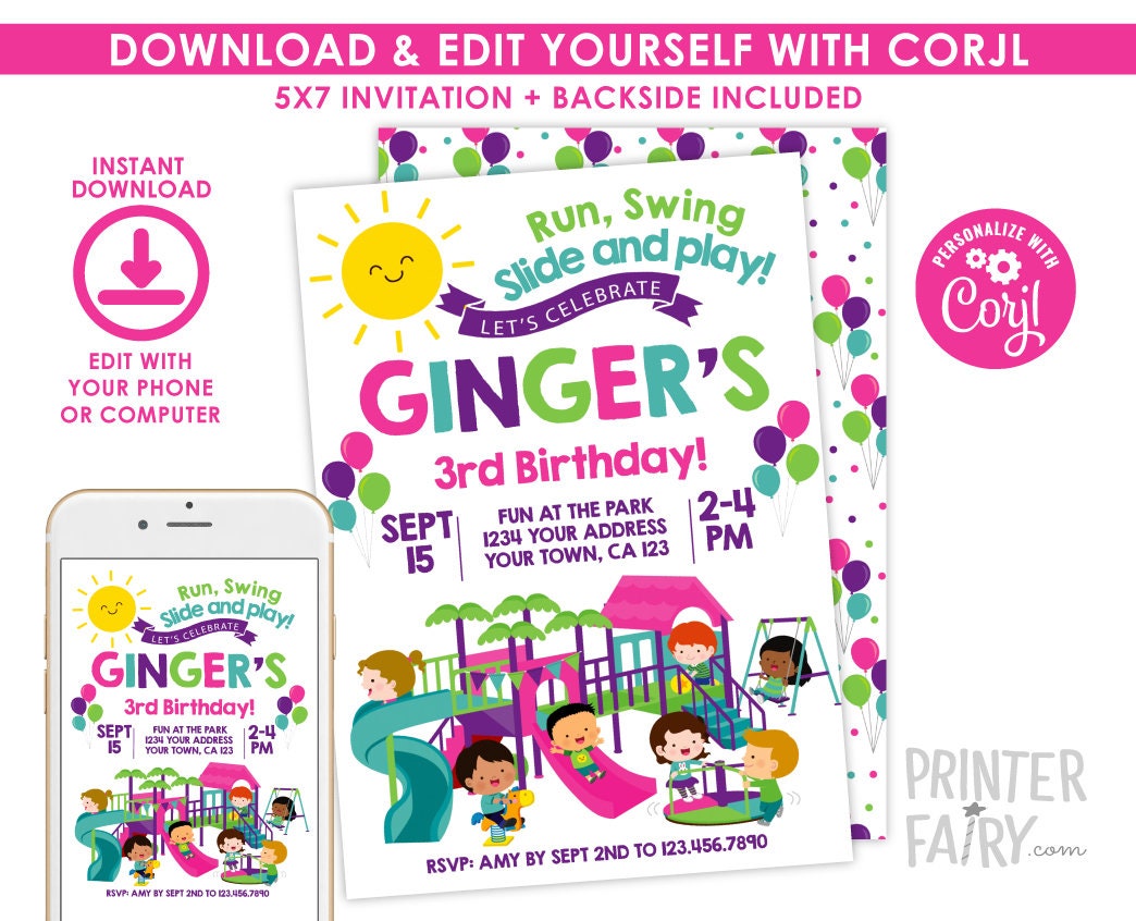 Playground Birthday Party Invitatiom Editable Template, Instant Download