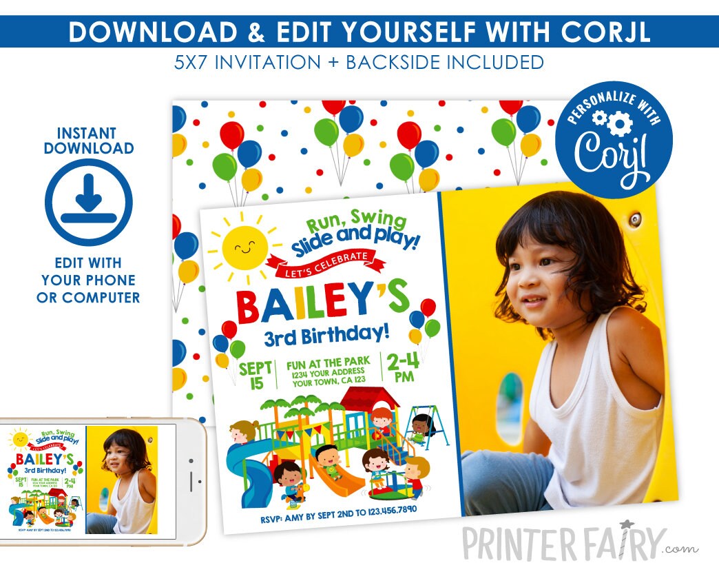 Park Invitation with Photo Editable Template, Simple Primary Colors Birthday, Instant Download