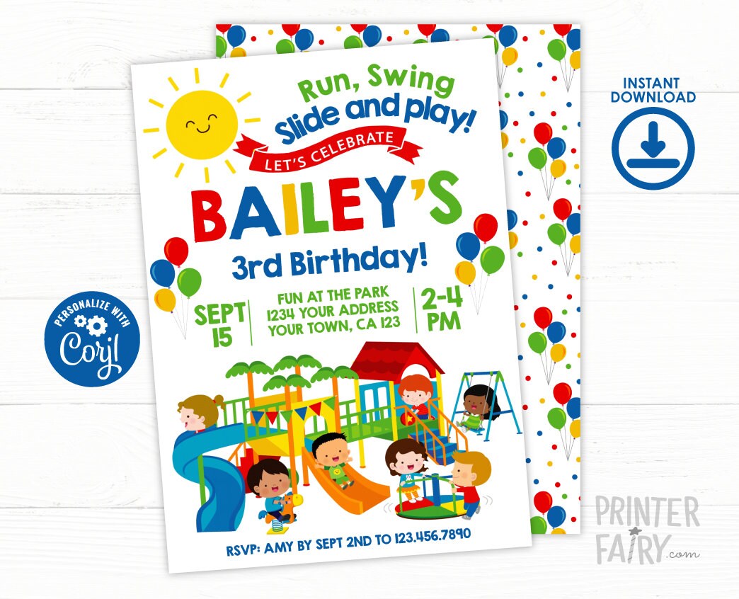 Playground Birthday Party Invitation Editable Template, Instant Download