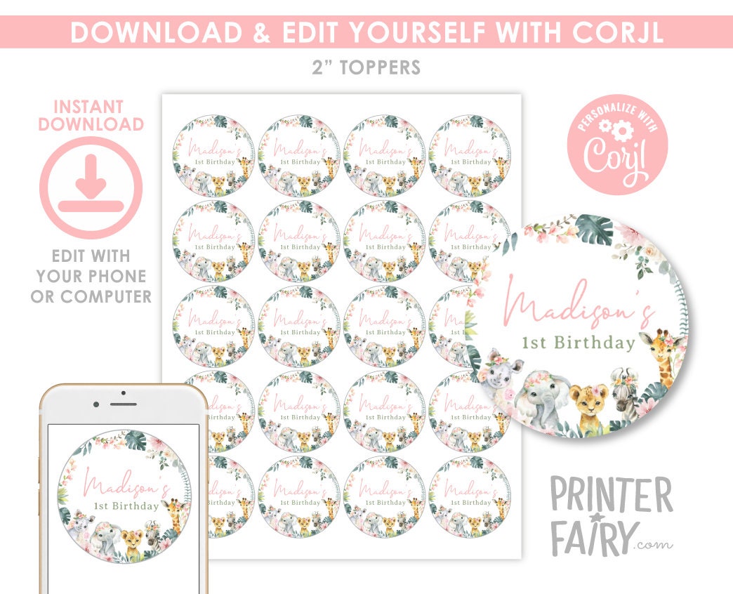 Wild One Jungle Toppers, Floral Safari Birthday, Baby Shower (EDITABLE, Instant Download)