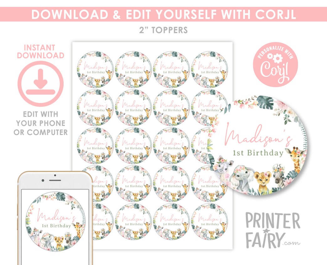 Wild One Jungle Toppers, Floral Safari Birthday, Baby Shower (EDITABLE, Instant Download)