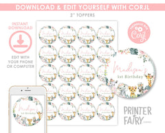 Wild One Jungle Toppers, Floral Safari Birthday, Baby Shower (EDITABLE, Instant Download)