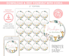 Wild One Jungle Toppers, Floral Safari Birthday, Baby Shower (EDITABLE, Instant Download)