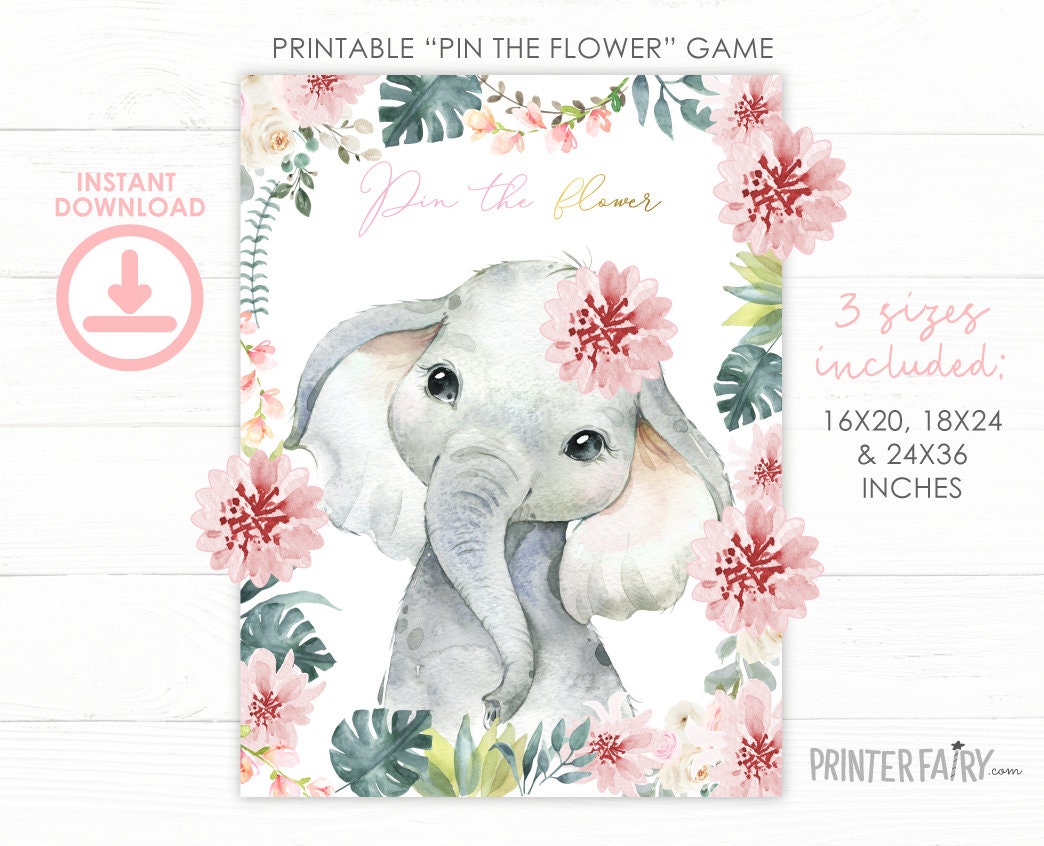 Elephant Party Game Pin the Flower, Digital Printable Instant Download