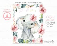 Elephant Party Game Pin the Flower, Digital Printable Instant Download