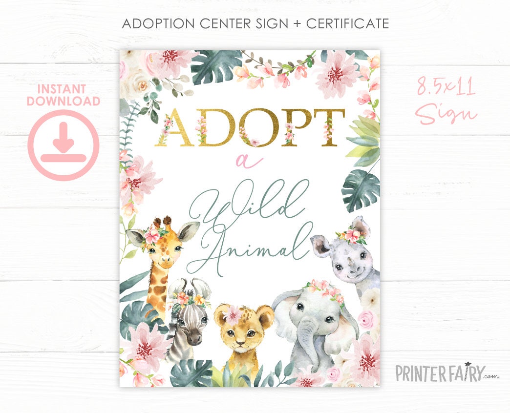 Wild Animals Pet Adoption Center Sign and Certificate, Instant Download