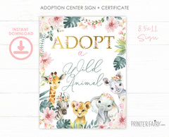 Wild Animals Pet Adoption Center Sign and Certificate, Instant Download