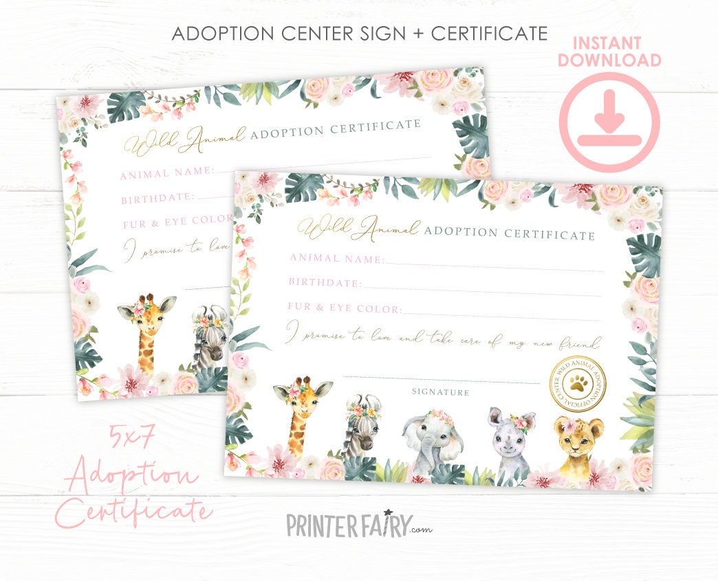 Wild Animals Pet Adoption Center Sign and Certificate, Instant Download