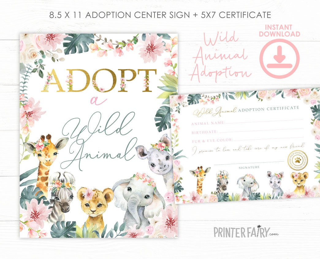 Wild Animals Pet Adoption Center Sign and Certificate, Instant Download