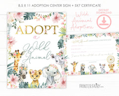 Wild Animals Pet Adoption Center Sign and Certificate, Instant Download