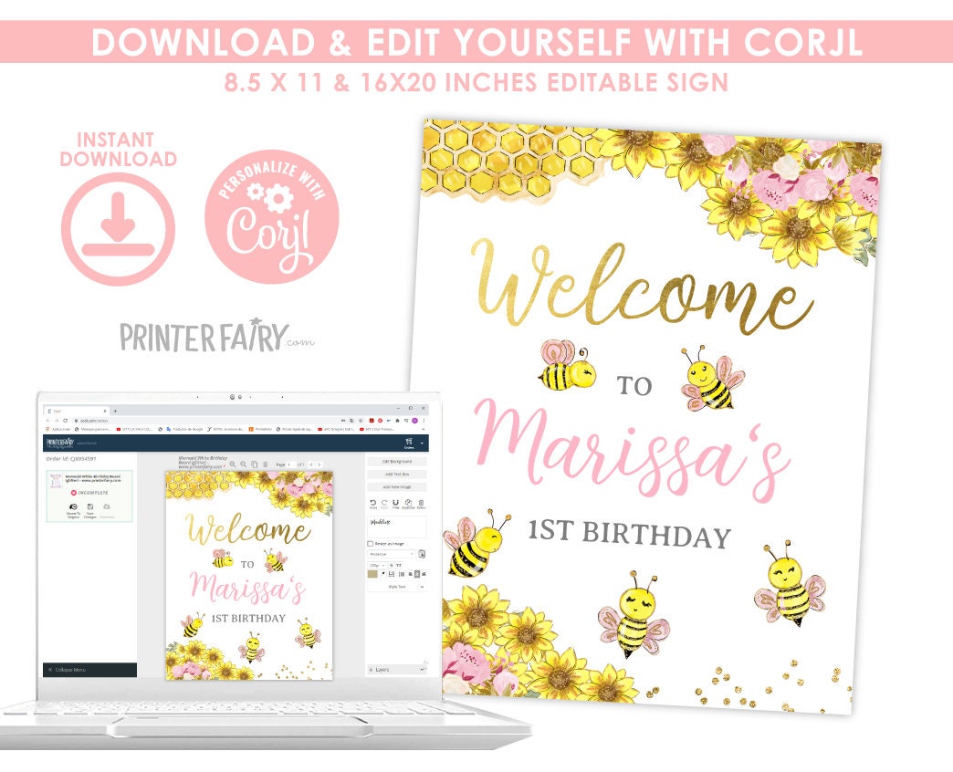 Bee Sunflower Party Welcome Sign Editable Template, Instant Download