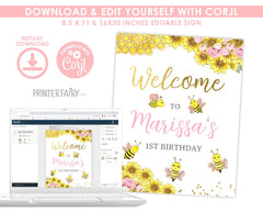 Bee Sunflower Party Welcome Sign Editable Template, Instant Download