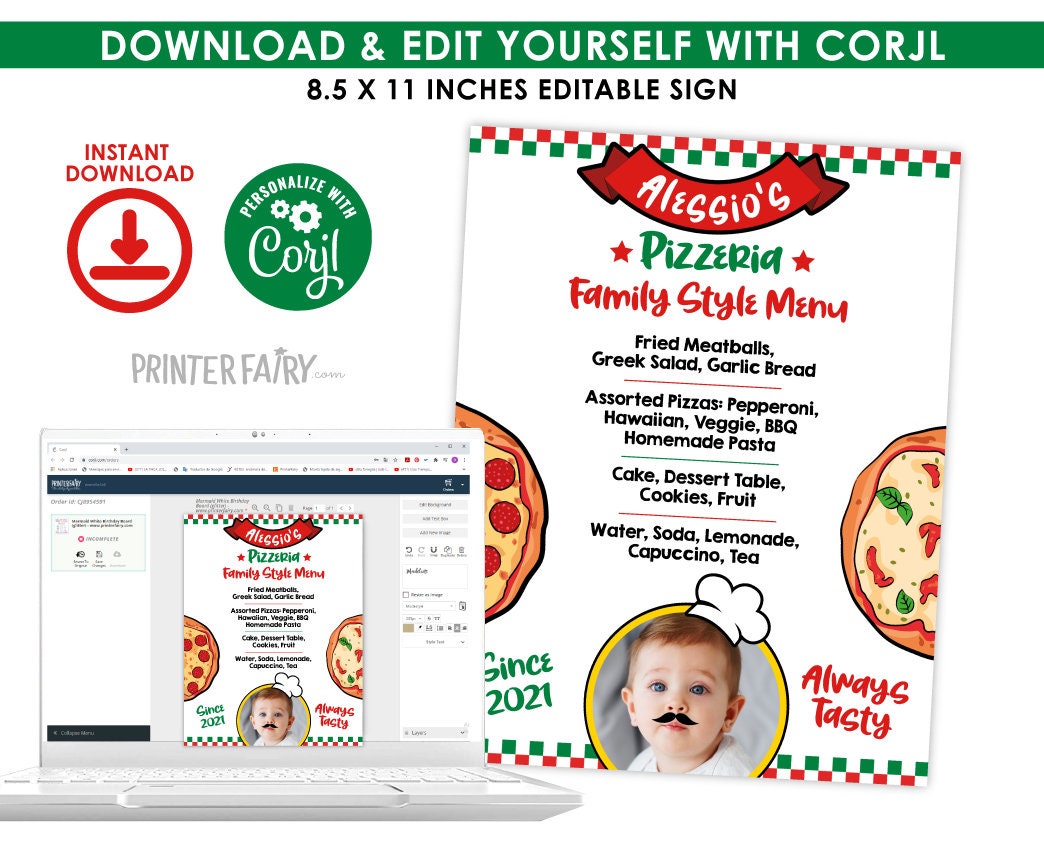 Editable Pizza Party Menu, Birthday Restaurant Sign (Instant Download)