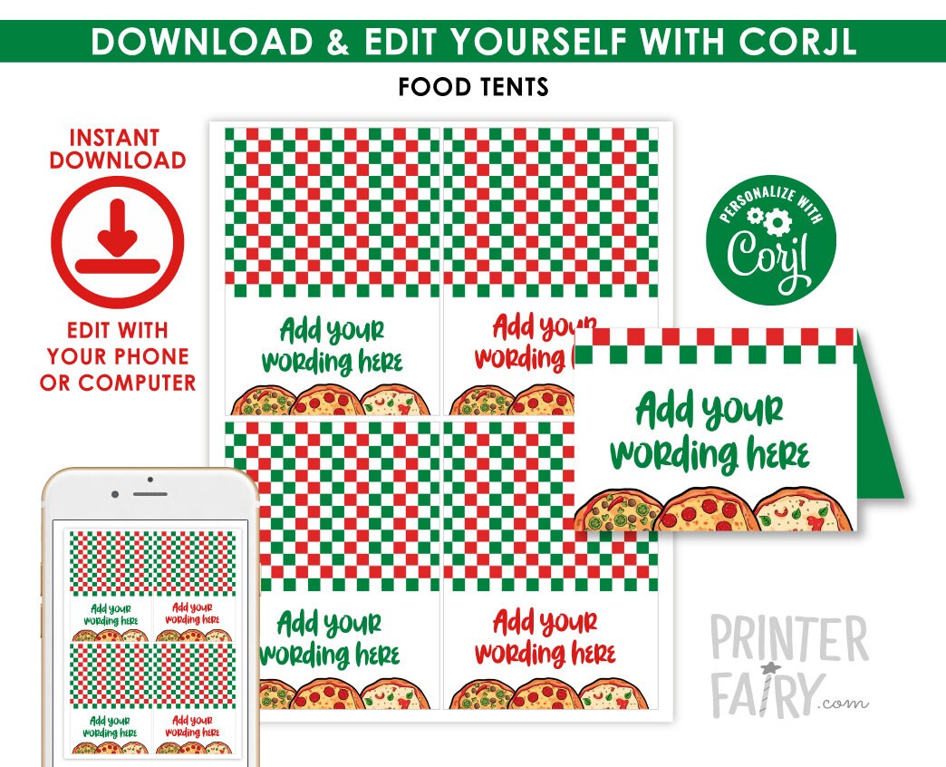 Pizza Food Tents Editable Labels Template, Instant Download