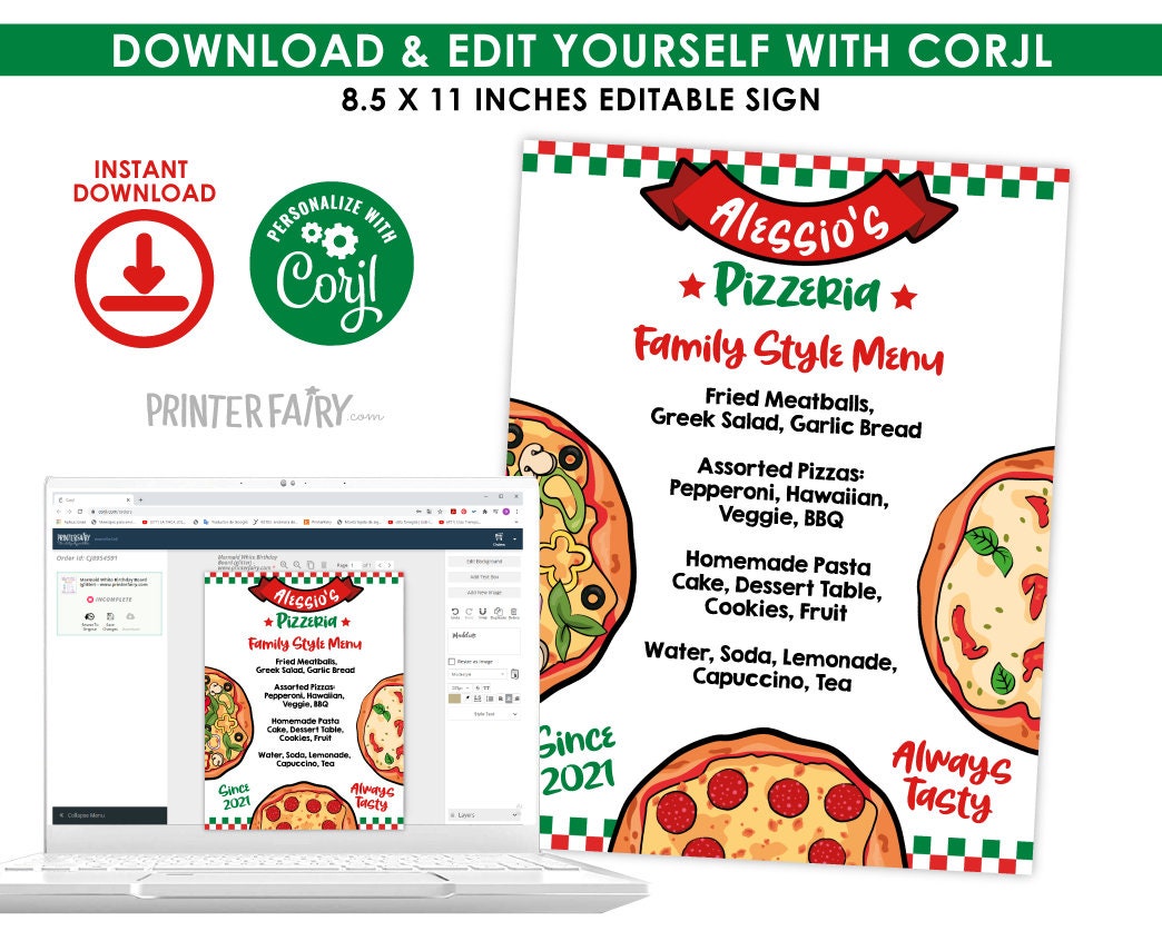 Pizza Birthday Party Menu Sign, Editable Restaurant Menu (Instant Download)