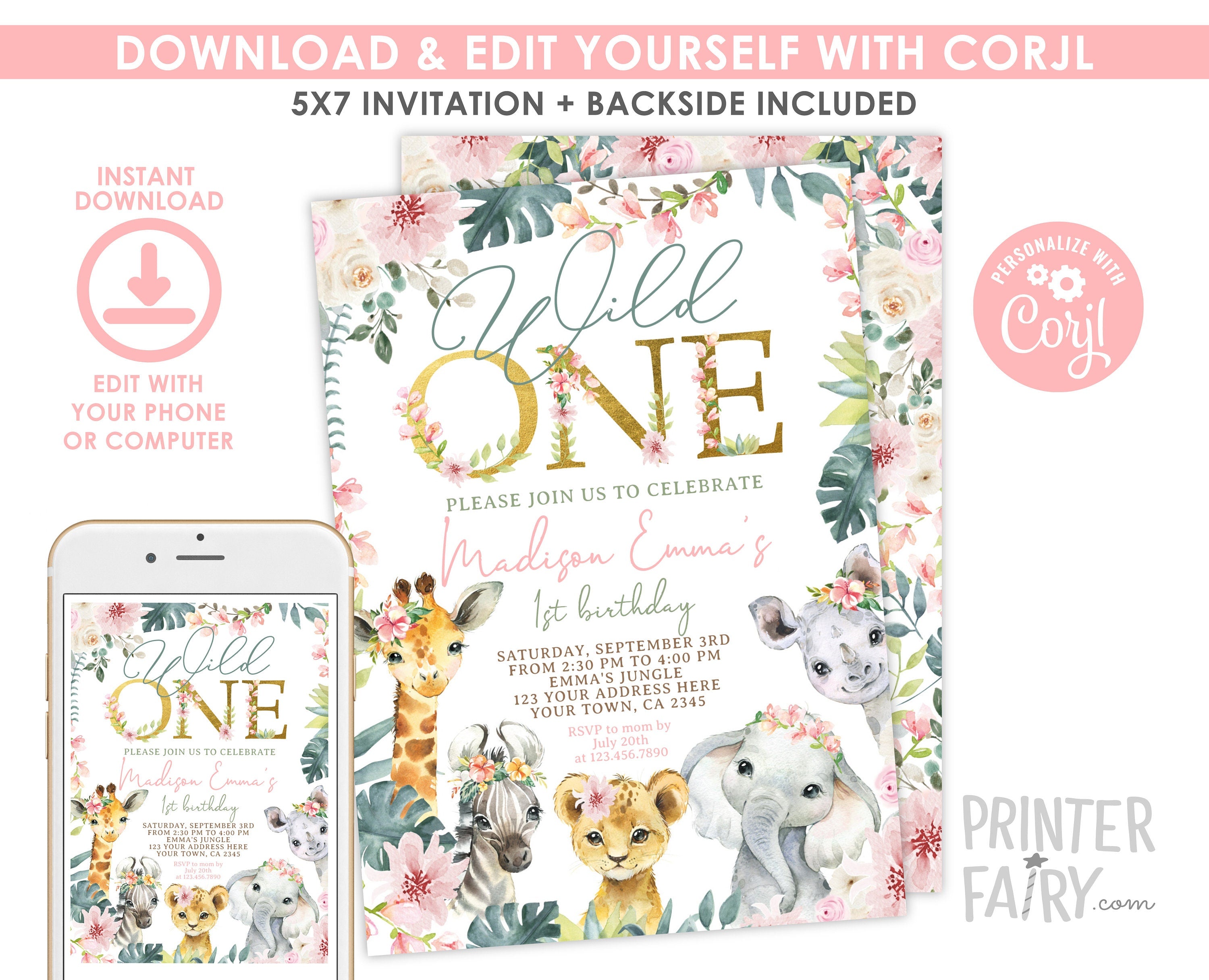 Wild One Floral Safari Birthday Invitation, Jungle Animals (INSTANT DOWNLOAD)