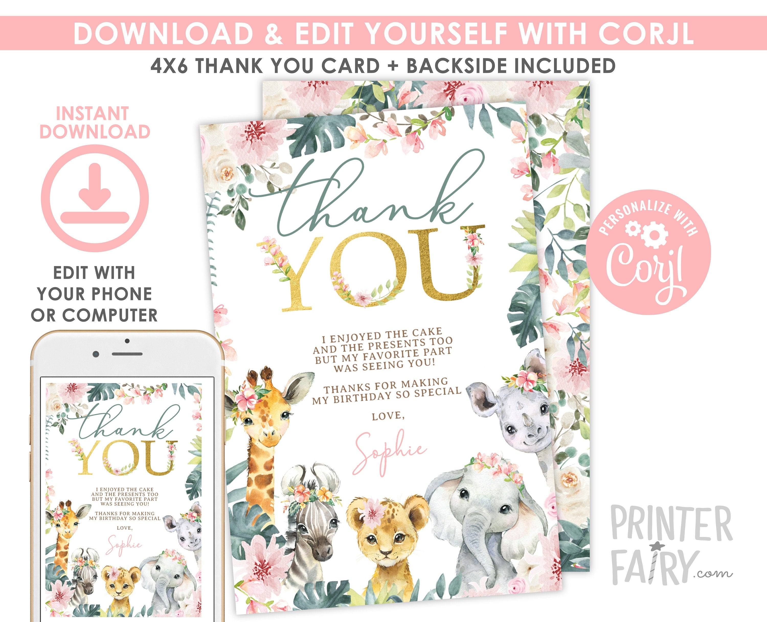 Jungle Safari Thank You Card, Editable Birthday Baby Shower Note (Digital Download)