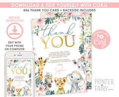 Jungle Safari Thank You Card, Editable Birthday Baby Shower Note (Digital Download)