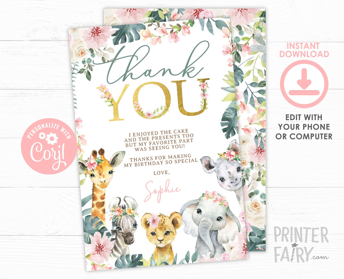 Jungle Safari Thank You Card, Editable Birthday Baby Shower Note (Digital Download)
