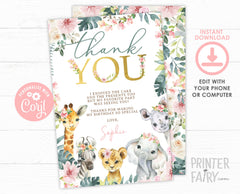 Jungle Safari Thank You Card, Editable Birthday Baby Shower Note (Digital Download)