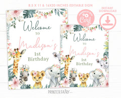 Floral Jungle Birthday Welcome Sign, Editable Safari Decor (Digital Download)