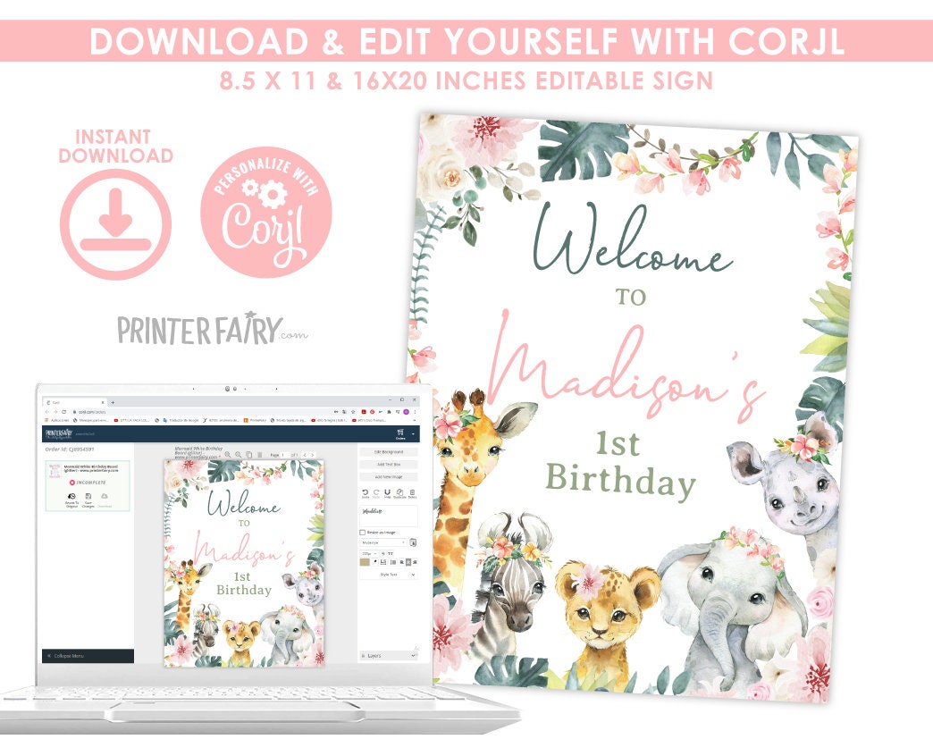 Floral Jungle Birthday Welcome Sign, Editable Safari Decor (Digital Download)