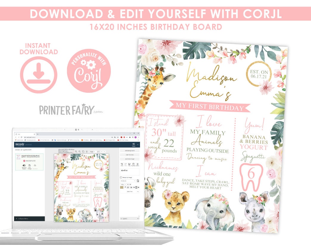 Editable Wild One Birthday Milestone Board, Floral Jungle Safari (Instant Download)