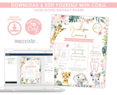 Editable Wild One Birthday Milestone Board, Floral Jungle Safari (Instant Download)