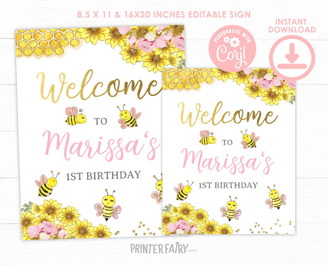Bee Sunflower Party Welcome Sign Editable Template, Instant Download