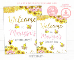 Bee Sunflower Party Welcome Sign Editable Template, Instant Download